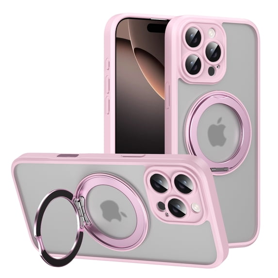 Allytechgroup for iPhone 16 Pro Max Case with Ring Holder Stand, Support Wireless Charging Slim Hard PC Soft TPU Anti Yellowing Shockproof Magnetic Back Cover Bumper for iPhone 16 Pro Max, Pink