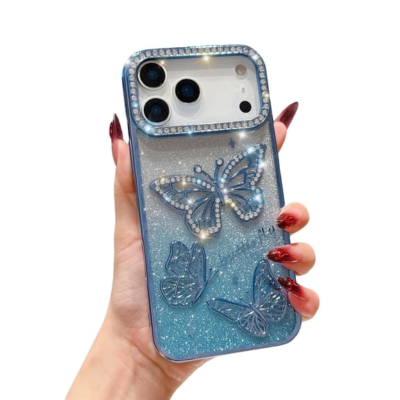 Allytechgroup iPhone 16 Pro Max Case for Women Girls, Glitter Bling Diamond Stylish Butterfly Design Shockproof Anti-Scratch Luxury Phone Case Cover for Apple iPhone 16 Pro Max, Blue