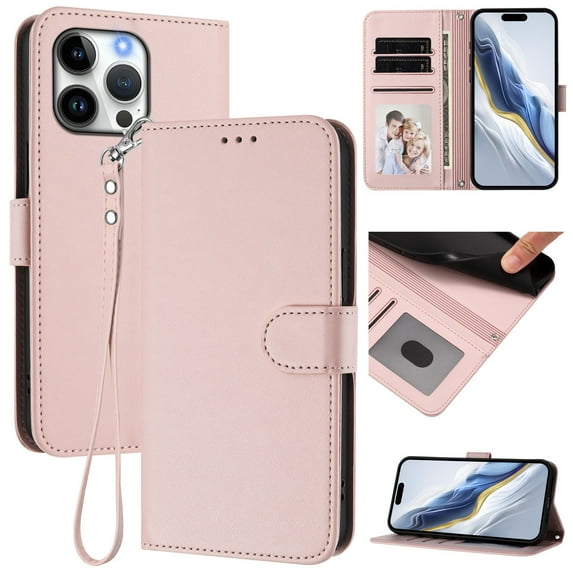 Allytechgroup for iPhone 16 Pro Max Flip Case, Slim Fit Shockproof Cover with Credit Card Slot, RFID Blocking Card Pocket Lanyard Shock-Absorbent Protective Bumper for Women Girls, Pink