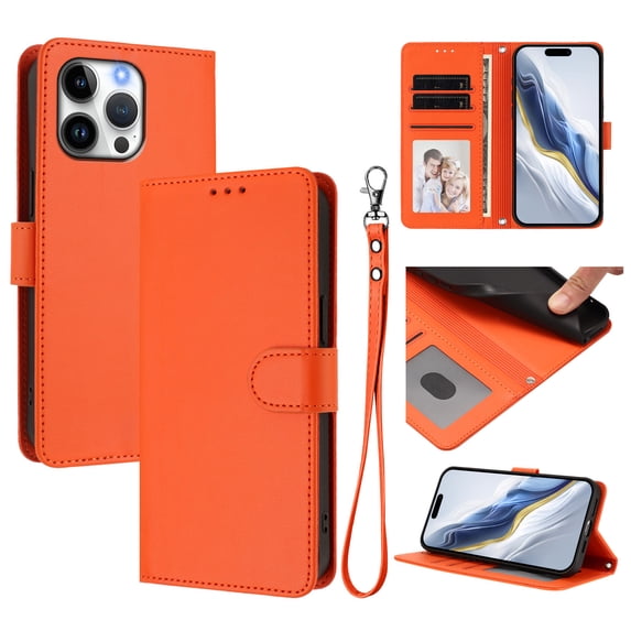 Allytechgroup for iPhone 16 Pro Max Flip Case, Slim Fit Shockproof Cover with Credit Card Slot, RFID Blocking Card Pocket Lanyard Shock-Absorbent Protective Bumper for Women Girls, Orange