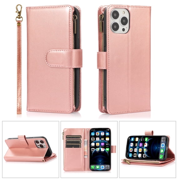 Allytechgroup iPhone 16 Pro Max Wallet Case, 9 Cards Holder Zipper Wallet Case for Women Men Shockproof Hand Strap Full Protective Flip Stand Case Cover for Apple iPhone 16 Pro Max, Rosegold