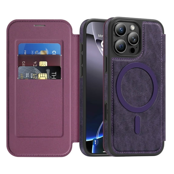 Allytechgroup iPhone 16 Pro Max Wallet Case Compatible with MagSafe, PU Leather Folio Card Holder RFID Blocking Shockproof Flip Cover Hidden Closure Phone Case for Apple iPhone 16 Pro Max, Purple