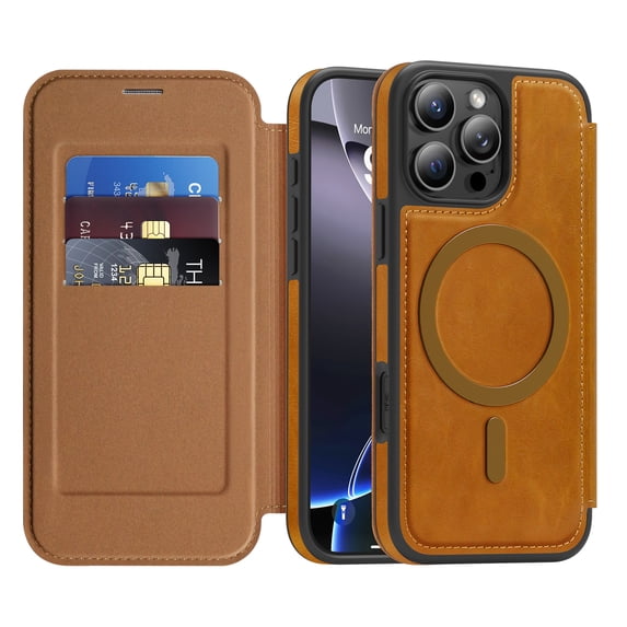 Allytechgroup iPhone 16 Pro Max Wallet Case Compatible with MagSafe, PU Leather Folio Card Holder RFID Blocking Shockproof Flip Cover Hidden Closure Phone Case for Apple iPhone 16 Pro Max, Brown