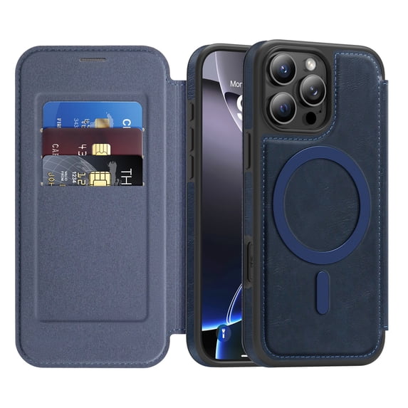 Allytechgroup iPhone 16 Pro Max Wallet Case Compatible with MagSafe, PU Leather Folio Card Holder RFID Blocking Shockproof Flip Cover Hidden Closure Phone Case for Apple iPhone 16 Pro Max, Blue