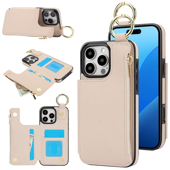 Allytechgroup iPhone 16 Pro Max Wallet Case, RFID Blocking Zipper Pocket Ring Holder Kickstand Bumper Shockproof Portable Durable Phone Case for Apple iPhone 16 Pro Max, White