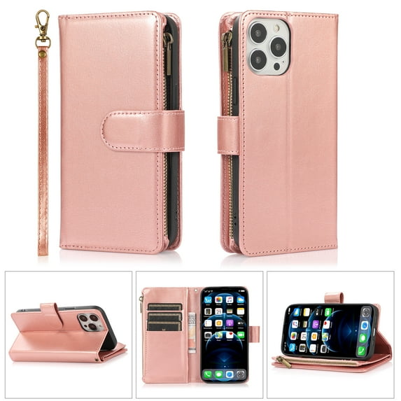 Allytechgroup iPhone 16 Pro Wallet Case, 9 Cards Holder Zipper Wallet Case for Women Men Shockproof Hand Strap Full Protective Flip Stand Case Cover for Apple iPhone 16 Pro, Rosegold