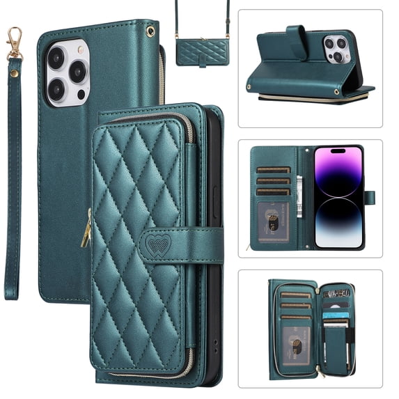 Allytechgroup for iPhone 16 Pro Wallet Case, Premium PU Leather Magnetic Buckle Zipper Pocket Card Slots Flip Stand Protective Cover with Hand Strap & Shoulder Strap - Darkgreen
