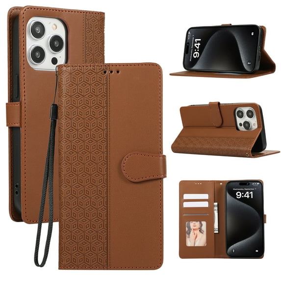 Allytechgroup for iPhone 16 Pro Wallet Case, Stylish Phone Case with Card Slots RFID Blocking Flip Stand PU Leather Shockproof Convenient Hand Wrist Case Cover for iPhone 16 Pro, Brown