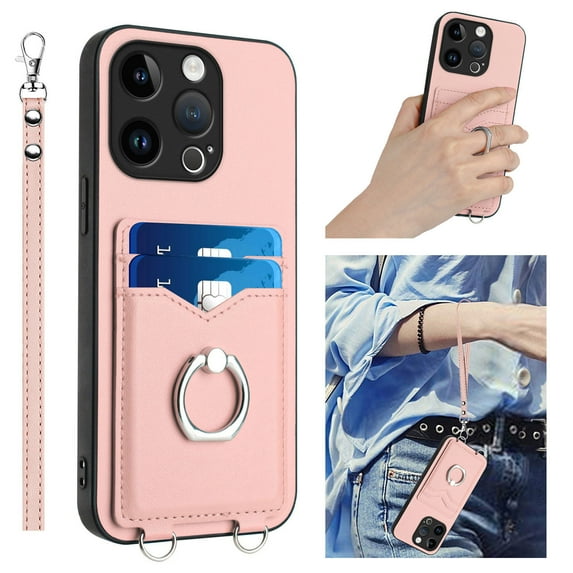 Allytechgroup iPhone 16 Pro Wallet Case for Women Men, Premium PU Leather Shockproof Hand Wrist Slim Fit Back Cover Phone Case for iPhone 16 Pro, Rosegold