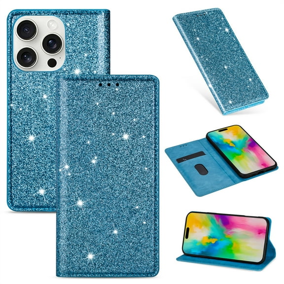 Allytechgroup for iPhone 16 Wallet Case Bling Glitter Design, Slim PU Leather Cards Holder Flip Stand Cover for Girls Women Shockproof Wallet Case for iPhone 16, Skyblue