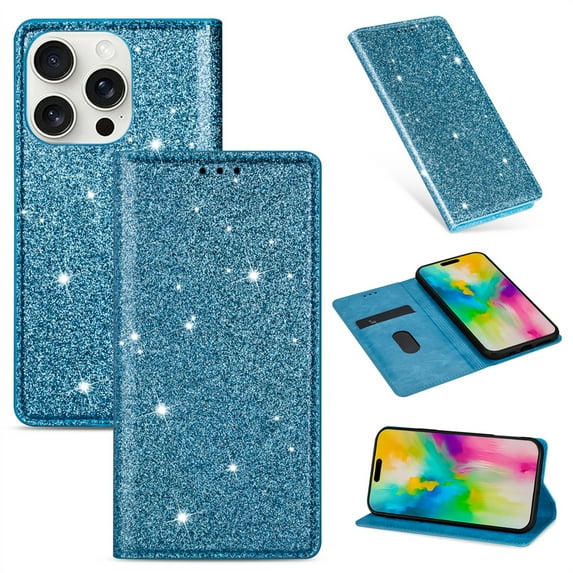 Allytechgroup for iPhone 16 Wallet Case Bling Glitter Design, Slim PU Leather Cards Holder Flip Stand Cover for Girls Women Shockproof Wallet Case for iPhone 16, Skyblue