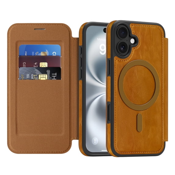 Allytechgroup iPhone 16 Wallet Case Compatible with MagSafe, PU Leather Folio Card Holder RFID Blocking Shockproof Flip Cover Hidden Closure Phone Case for Apple iPhone 16, Brown