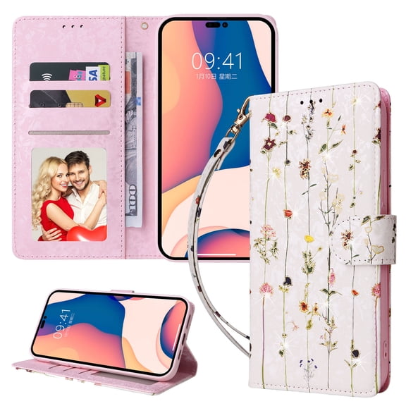 Allytechgroup for iPhone 16 Wallet Case, Stylish Flowers Pattern PU Leather Cover with Wrist Strap & Card Slots, Kickstand Magnetic Closure Shockproof Case for Women Girls, Dried Flowers