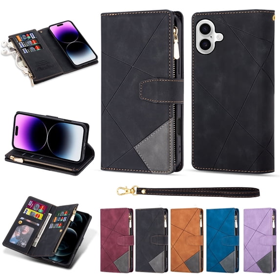 Allytechgroup for iPhone 16 Wallet Case with Zipper Pocket, Premium PU Leather RFID Blocking Slim Fit Cards Slots Shockproof Flip Stand Hand Wrist Phone Case for iPhone 16, Black