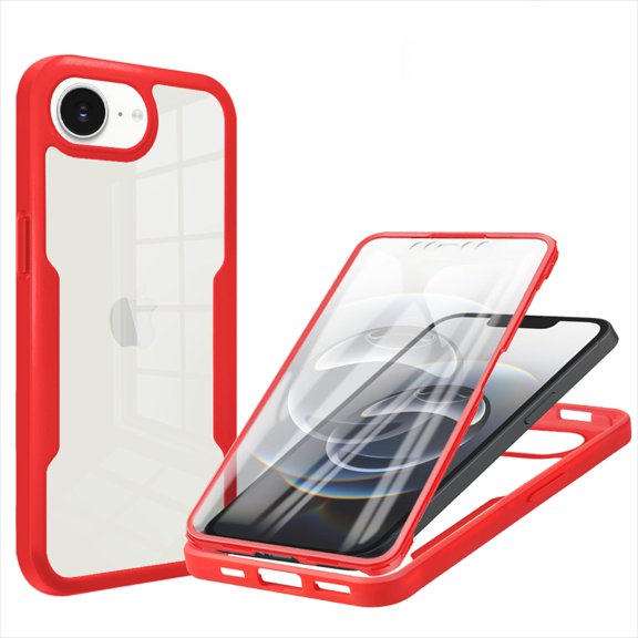 Allytechgroup for iPhone 16e/ iPhone 17e Case with Built-in Screen Protector, Full Body Protection Hard Acrylic Back Lightweight Scratch Resistant Clear Cover for iPhone 16e/ iPhone 17e, Red