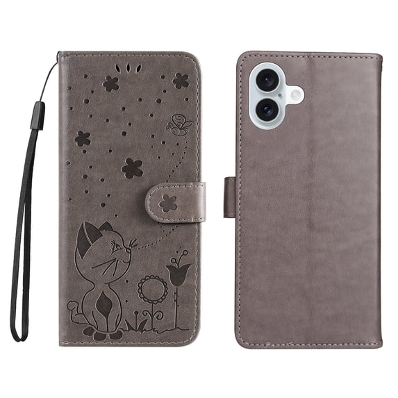 Allytechgroup for iPhone 16e Case with Credit Card Slot, PU Leather RFID Blocking Wallet Flip Case with Stand Wrist Strap Shockproof Protective Back Cover for iPhone 16e, Gray