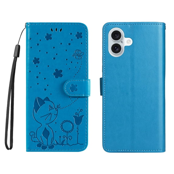 Allytechgroup for iPhone 16e Case with Credit Card Slot, PU Leather RFID Blocking Wallet Flip Case with Stand Wrist Strap Shockproof Protective Back Cover for iPhone 16e, Blue