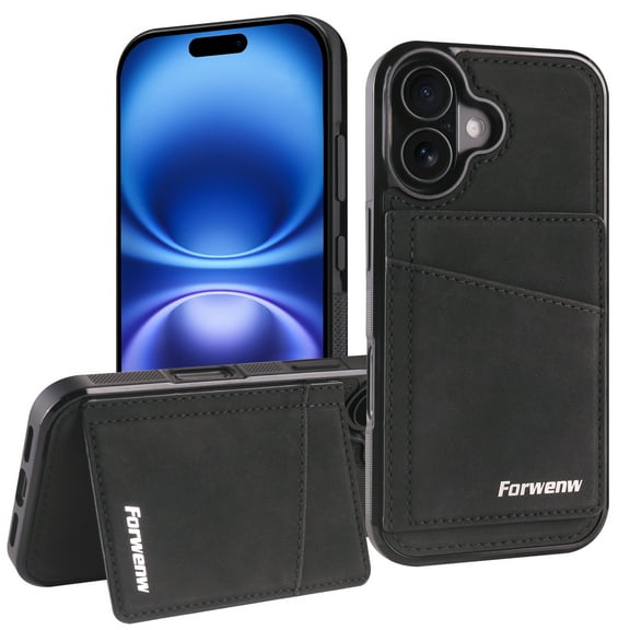 Allytechgroup for iPhone 16e Case with Credit Card Slots Holder/ Kickstand/ RFID Blocking Premium PU Leather Magnetic Wallet Cover Soft TPU Bumper Shockproof Flip Stand Protective Phone Shell, Black