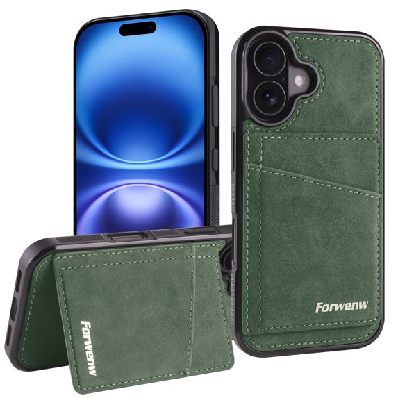 Allytechgroup for iPhone 16e Case with Credit Card Slots Holder/ Kickstand/ RFID Blocking Premium PU Leather Magnetic Wallet Cover Soft TPU Bumper Shockproof Flip Stand Protective Phone Shell, Green