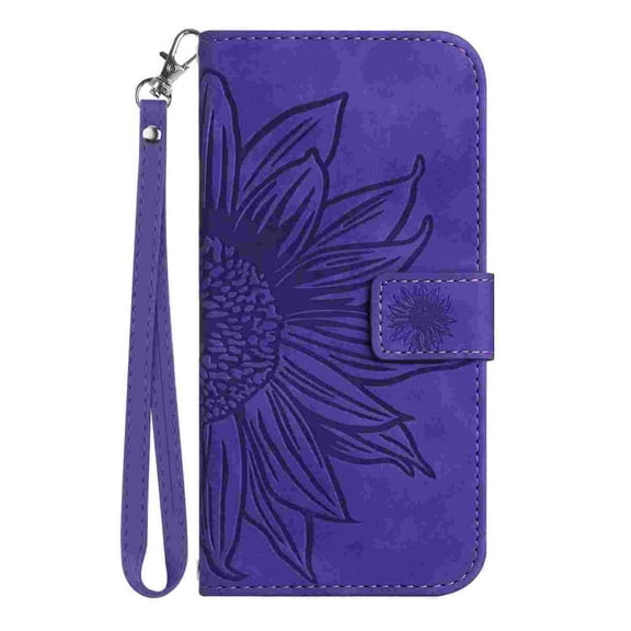 Allytechgroup for iPhone 16e Case with Hand Strap, RFID Blocking Embossed Sunflower PU Leather Wallet Case with Credit Card Slot Shockproof Magnetic Snap Protective Case for iPhone 16e, Darkpurple