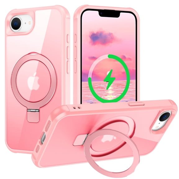 For iPhone 17e 16e Case Magnetic, Compatible with Magsafe & Car Mount Adjustable Stand Ring Holder Heavy Duty Shockproof Anti-Scratch Matte Phone Case for iPhone 17e/ 16e,Pink