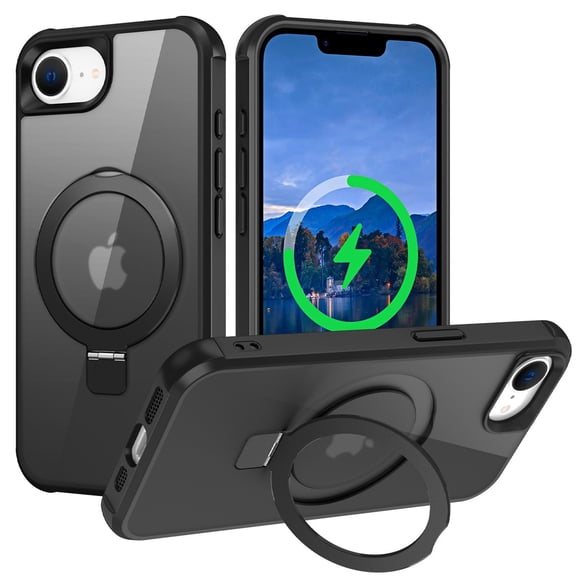 For iPhone 17e 16e Case Magnetic, Compatible with Magsafe & Car Mount Adjustable Stand Ring Holder Heavy Duty Shockproof Anti-Scratch Matte Phone Case for iPhone 17e/ 16e,Black