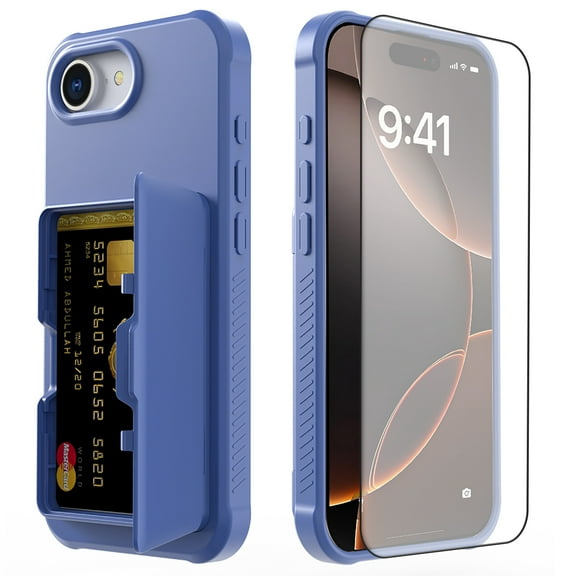 Allytechgroup iPhone 16e Case with Screen Protector, Hidden Cards Slots & Makeup Mirror Full Body Shockproof Anti-Scratch Drop Proof Phone Case Cover for Apple iPhone 16e, Blue