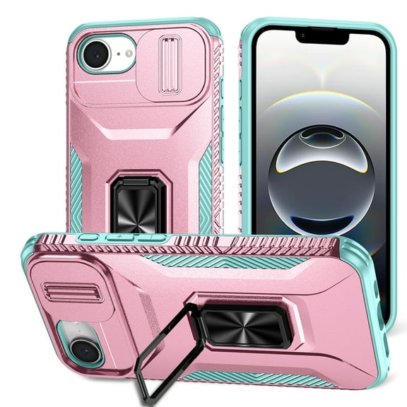 Allytechgroup iPhone 16e Case, Sliding Camera Lens Cover Military Grade Protection Stand Bracket Bumper Rugged TPU PC Phone Case for Apple iPhone 16e 6.1", Rosegold