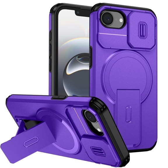 Allytechgroup for iPhone 17e 16e Case with Sliding Camera Protector, Compatible with Magsafe Rugged Hybrid TPU PC Kickstand Protective Shockproof Magnetic Case Cover for iPhone 17e 16e,Purple