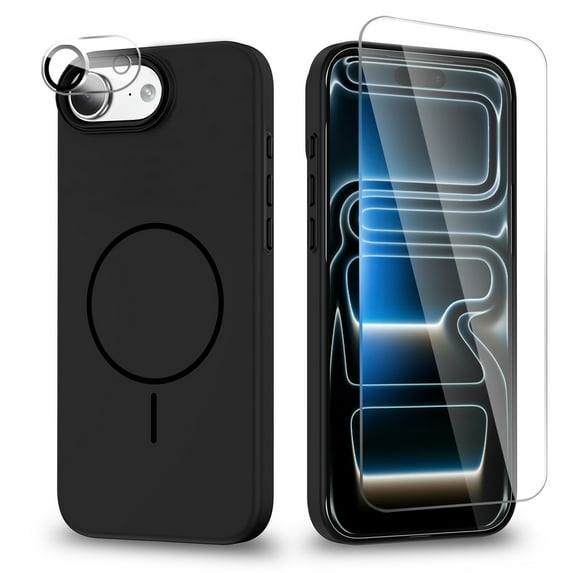 Allytechgroup iPhone 17e 16e Case with Tempered Glass Screen Protector & Camera Lens Protector, Compatible with Magsafe Slim Anti-Scratch Shockproof Bumper Cover for iPhone 17e 16e, Black