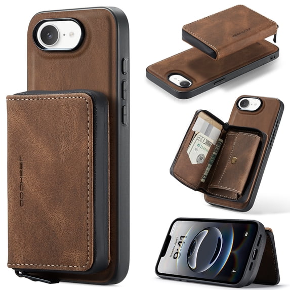 Allytechgroup for iPhone 16e Case, Vegan PU Leather Anti-Scratch Magnetic Detachable Wallet Zipper Purse Stand Case with Card Slots for iPhone 16e, Brown
