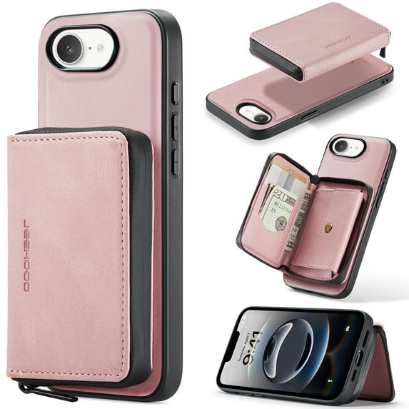 Allytechgroup for iPhone 16e Case, Vegan PU Leather Anti-Scratch Magnetic Detachable Wallet Zipper Purse Stand Case with Card Slots for iPhone 16e, Pink