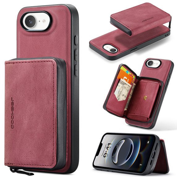 Allytechgroup for iPhone 16e Case, Vegan PU Leather Anti-Scratch Magnetic Detachable Wallet Zipper Purse Stand Case with Card Slots for iPhone 16e, Red