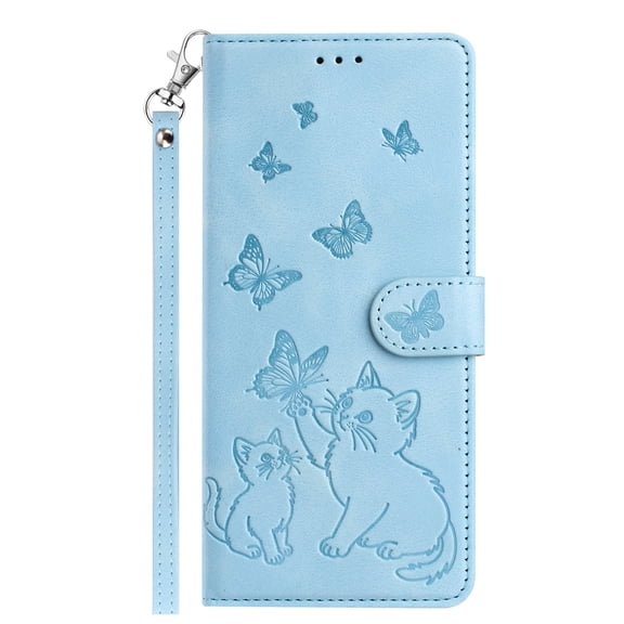 for iPhone 17e 16e Case Wallet, Flip Cover with Cards Slots & Lanyard Stand RFID Blocking Stylish Butterfly Cat Embossed Phone Case Cover for Apple iPhone 17e 16e, Lightblue