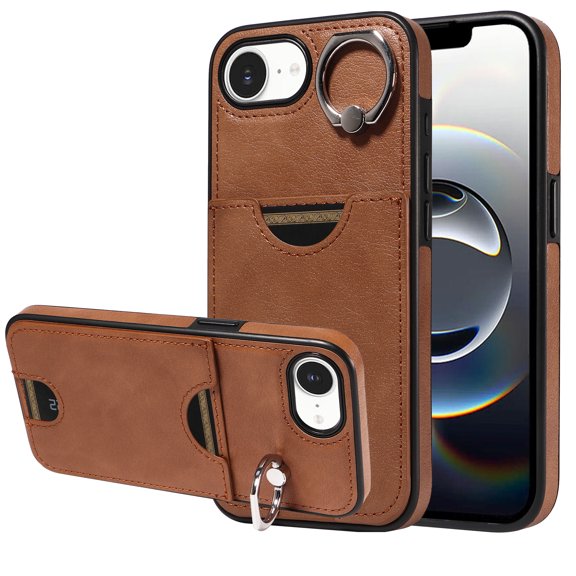 Allytechgroup iPhone 16e Case Wallet, with Ring Holder Kickstand Anti-Scratch Back Cover with Removal Pin & SIM Cards Slots Shockproof Phone Case for Apple iPhone 16e, Brown