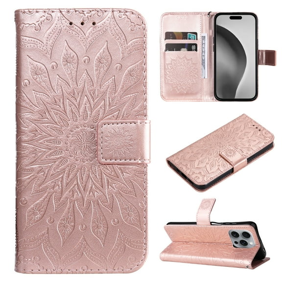 Allytechgroup for iPhone 16e Case Wallet, Sunflower Embossed PU Leather Flip Cover Stand Hand Strap Shockproof Stylish Cards Slots Phone Case for iPhone 16e, Rosegold