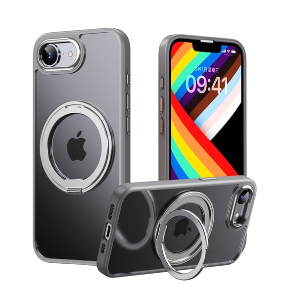 For iPhone 17e 16e Clear Case with Screen Protector, Compatible with Magsafe & Car Mount Rotating Ring Kickstand Anti-Yellowing Hybrid Rugged Transparent Phone Case for Apple iPhone 17e 16e,Gray
