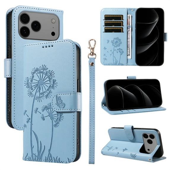 Allytechgroup For iPhone 16e Flip PU Leather Wallet Case, Built-in Cash Slot Credit Card Pocket Shock-Absorbent Lightweight Protective Cover with Wrist Strap for Women Girls, Skyblue