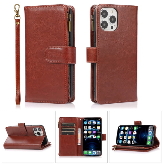 Allytechgroup iPhone 16e Wallet Case, 9 Cards Holder Zipper Wallet Case for Women Men Shockproof Hand Strap Full Protective Flip Stand Case Cover for Apple iPhone 16e, Brown