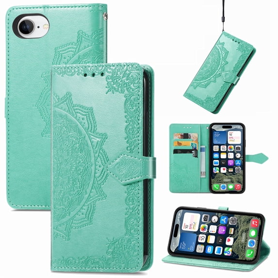 Allytechgroup for iPhone 16e Wallet Case, Luxury PU Leather with Embossed Pattern, Magnetic Clasp Kickstand Card Cash Slots Shockproof Slim Flip Case with Hand Strap for Women Men, Green