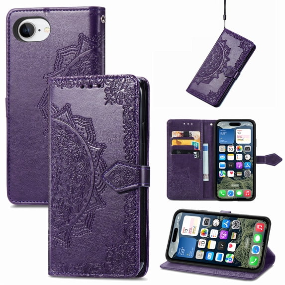 Allytechgroup for iPhone 16e Wallet Case, Luxury PU Leather with Embossed Pattern, Magnetic Clasp Kickstand Card Cash Slots Shockproof Slim Flip Case with Hand Strap for Women Men, Purple