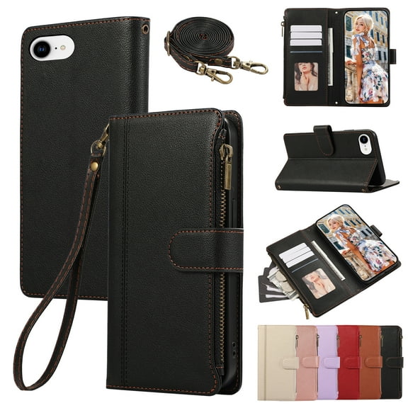 Allytechgroup for iPhone 16e Wallet Case, PU Leather Flip Cover with Cash Credit Card Slots Shoulder Strap Wrist Strap Shockproof Protective Case for iPhone 16e, Black