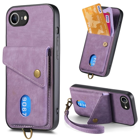 Allytechgroup for iPhone 16e/ iPhone 17e Wallet Case, Premium PU Leather Back Cover Cards Holder Stand Compatible with Car Mount RFID Blocking Hand Wrist Full Protective Case for Women Girls, Purple