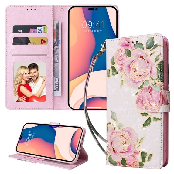 Allytechgroup for iPhone 16e Wallet Case, Stylish Flowers Pattern PU Leather Cover with Wrist Strap & Card Slots, Kickstand Magnetic Closure Shockproof Case for Women Girls, Rose Flower