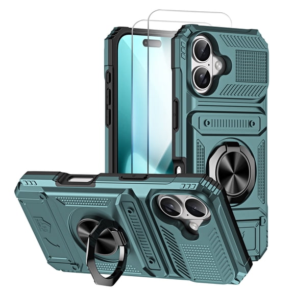 Allytechgroup for iPhone 17 Case with 2 Pcs Screen Protector, Rugged Magnetic Back Cover Compatible with Car Mount Ring Holder Kickstand Card Slot Hard Shell Case for Women Men, Green