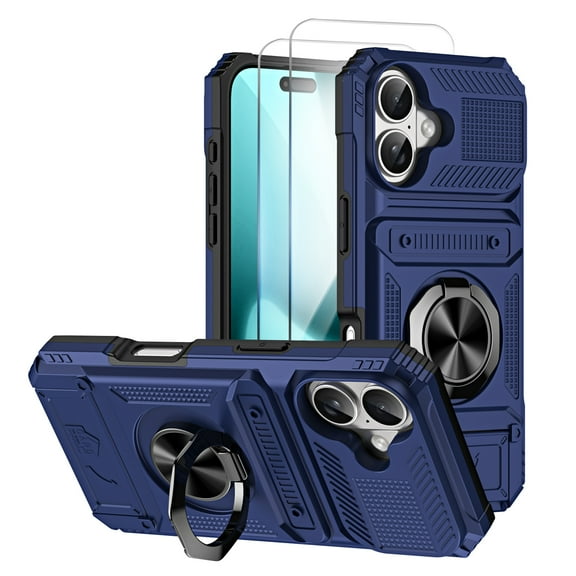 Allytechgroup for iPhone 17 Case with 2 Pcs Screen Protector, Rugged Magnetic Back Cover Compatible with Car Mount Ring Holder Kickstand Card Slot Hard Shell Case for Women Men, Blue