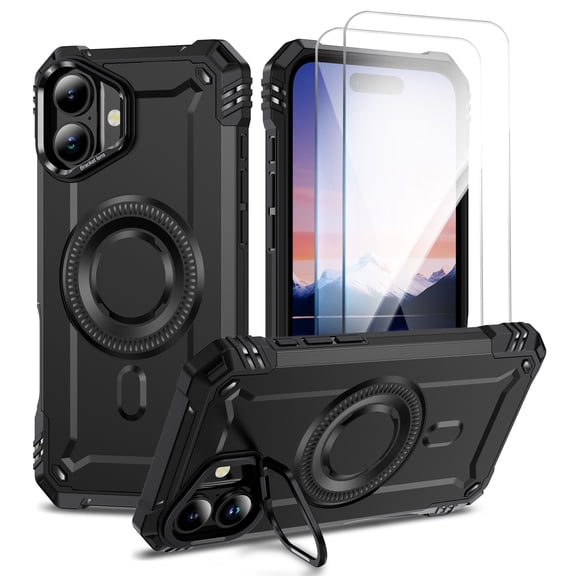 Allytechgroup for iPhone 17 Case with 2 Pcs Tempered Glass Screen Protector, Compatible with Magsafe & Car Mount Military Grade Shockproof Bumper Rugged Phone Case for Women Men, Black