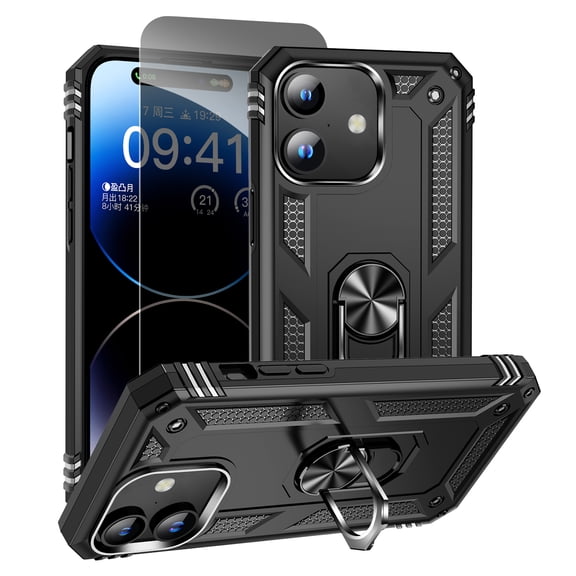 Allytechgroup iPhone 17 Case with Anti-Spy Screen Protector, Heavy Duty Shockproof Rotating Kickstand Anti-Scratch Magnetic Back Cover Compatible with Car Mount Bumper Rugged Case, Black