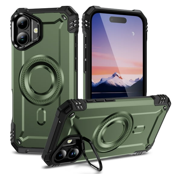 Allytechgroup for iPhone 17 Case with Camera Kickstand, Support Wireless Charging Magnetic Phone Case for Women Men Military Grade Drop Protection for Apple iPhone 17, Armygreen