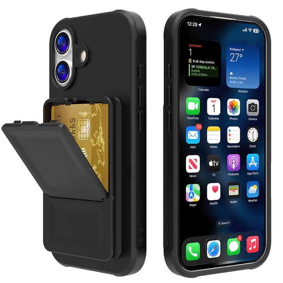Allytechgroup iPhone 17 Case with Card Slots & Makeup Mirror, Rugged Shockproof Kickstand Bumper  Protective Hard PC Cover Phone Case for Apple iPhone 17, Black